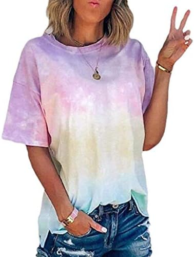 Tops de verão femininos, moderno bloco colorido tie-dye de manga curta camisetas de túnica de pescoço, camiseta