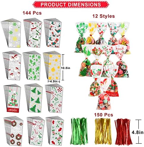 Kimober 144pcs sacos de tratamento de doces de Natal, sacolas de celofane com laços de torção para a festa de natal Favory Supplies