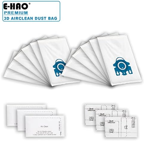 E-Hao 12 pacotes sacos de pó de pó para MIELE 3D GN Airclean Bags Substituição para Classic C1, Complete C1, C2, C3, S270, S400, S2, S5, S8 Série com 3 filtros de proteção de motor e 3 filtros AirClean