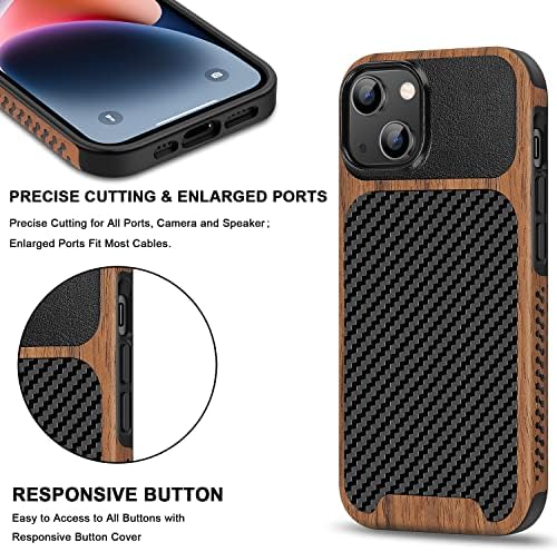 Capa magnética tendlina compatível com iPhone 14 Plus Case Wood Grain com fibra de carbono Design de textura de couro Hybrid Slim Case preto