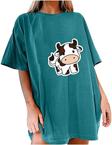 Camisas fofas de estampa de vaca para mulheres de manga curta Tops superdizes redondo pescoço solto camiseta