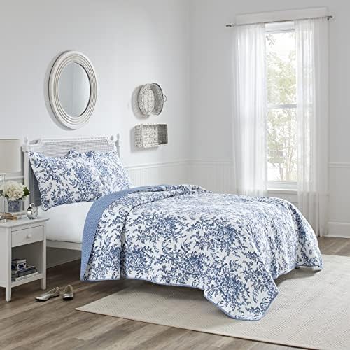 Laura Ashley Quilt Conjunto de roupas de cama reversível com shams combinando, decoração de casa leve para todas as estações, King, Bedford Delft Blue