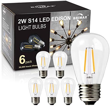 Brimax - (6pack - lâmpadas LED 2W, lâmpadas não minúsculas, LED Filamento, 2700k Branco quente, equivalente a 20W, Base média E26, lâmpadas de Edison LED S14 2W para lâmpadas de 6/12/11/11