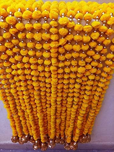 Archedecor Amarelo 20 PCs Indian Woolen Marigold Garlands com Jingle Bells 5 pés Flower Mehendi, Casa, Templo,