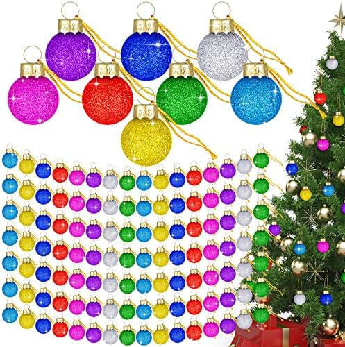 200 pcs 1 polegada de Natal mini ornamentos multicoloridos de vidro de vidro de glitter definir decorações de árvore de Natal Bolas miniaturas rústicas penduradas pequenas bola decorativa de Natal para festas de casamento de férias decoração