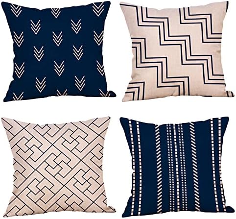 18x18 Capas de travesseiros Conjunto de 4 travesseiros de linho de verão Capas de travesseiros azuis marinhos para sofá -sofá Cadeir