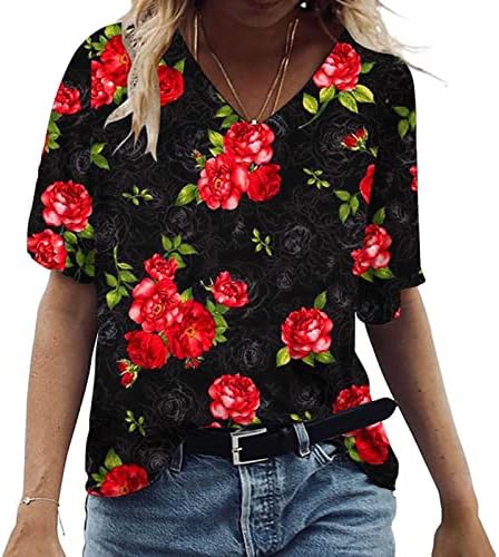 Camiseta de algodão feminino manga curta vneck flor gráfico de flores solto ajuste plus size blusa camiseta para senhoras jd