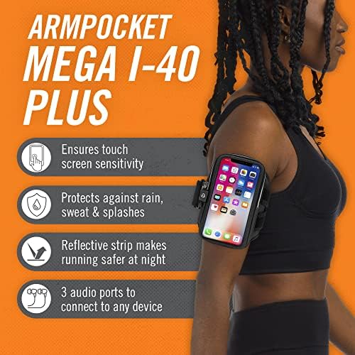 Armpocket Mega I-40 Plus Band Band, suporte para celular para iPhone 14 Plus, iPhone 11/12/13/14 Pro Max, Samsung Galaxy S22 Ultra, Pixel 7 Pro e dispositivos com estojo de até 7 polegadas, 7 a 11- Correia preta de polegada