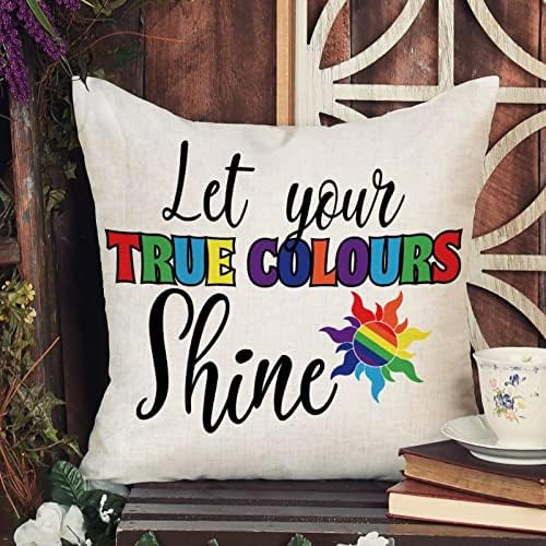 Jogue a capa de travesseiro, deixe sua verdadeira cor de brilho da cor, igualdade de almofada lésbica LGBTQ Cushion Cover Rainbow Rainbow Decortaive Decoração de casa para sofá quarto de sala de estar 18x18in