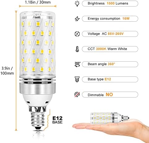 lâmpadas LED e12 de E12 InsharePlus, lâmpada LED de 16W E12 LED, branca branca branca quente 3000K, CRI80+, 1500LM 120W Equivalente, lâmpadas lustres de LED, não prejudicáveis, 12pack