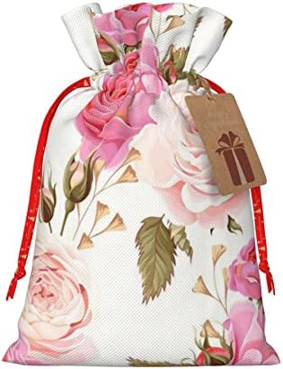 Bolsas de presente de seca de Natal com cordões, floral rosa rosa - pequenas sacolas de doces de tratamento