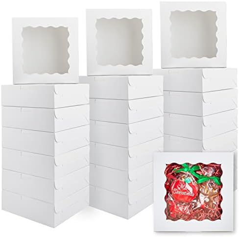 Caixas de torta de 30pcs com janela transparente, 8 x 8 x 2,5 polegadas de papel kraft de papel kraft caixas de panificação caixas de biscoito caixas de biscoitos caixas de massa caixas de massa para morangos de chocolate, donuts, cupcakes e muffins