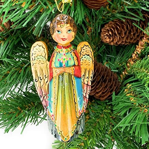 Ornamento de árvore de Natal pendurado Anjo de ornamento de 4,72 estatueta esculpida e pintada por artesãos russos de Sergiev Posad. Decoração de casa de férias. Cristmas e presente de ano novo.
