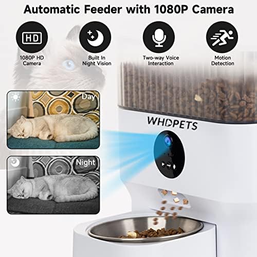 Alimentadores de gatos automáticos com câmera, whdpets 5l Wi-Fi Smart Pet Alimentador para alimentos secos, dispensador de alimentos para cães automático com áudio bidirecional, controle de aplicativos, fonte de alimentação dupla, 10 refeições por dia