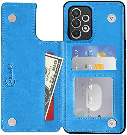 Caixa de telefone Asuwish para Samsung Galaxy A33 5G 2022 Tampa da carteira com protetor de tela de vidro temperado e portador de cartão de crédito de couro de flor Gaxaly A 33 G5 Galáxias 33a Sm A336U Mulheres Azul