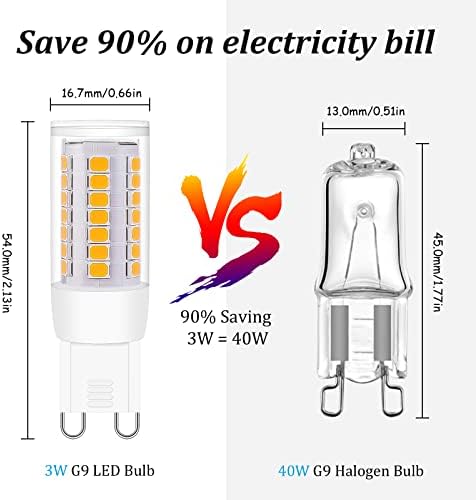 Valucky G9 LED lâmpadas diminuídas, 3000 lâmpadas LED brancas quentes de G9, lâmpada de halogênio de 3W de 120V 40W equivalente, 85% de economia de energia 5pack