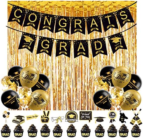 2023 Kits de decoração para festas de formatura - pacote de decorações de festas fáceis com banner de parabéns, pano de pano de fundo da cortina de manharia de folha de ouro, topper de bolo e balões