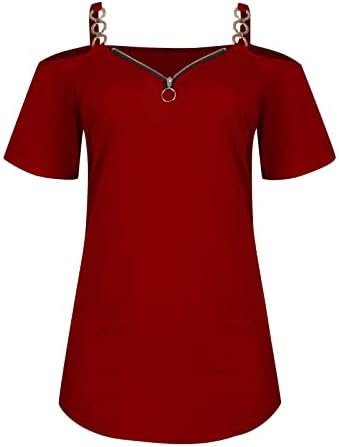 Tops de verão femininos Moda casual zíper em véspera em V do ombro Suspender Solid Suspender Camiseta