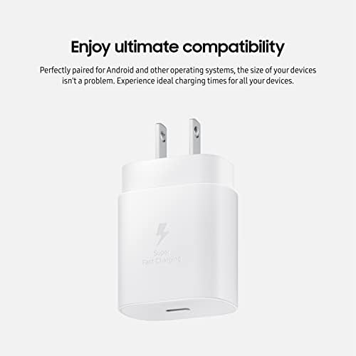 Samsung 25W Carregador de parede USB C Adaptador, bloco de carregamento super rápido para telefones e dispositivos Galaxy, cabo não incluído, 2021, versão dos EUA, branco