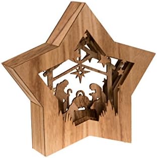 Creações inteligentes Cenas de natividade em forma de estrela de madeira Ornamento de Natal, decoração festiva de férias lideradas para prateleiras e mesas, marrom