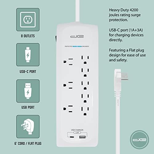 Digital Energy 8 Outlet Surge Protector Power Strip 4200 Joules USB-C e USB-A, 3 pontos de venda com espaçamento largo, 6 pés 14/3 AWG Cord, White