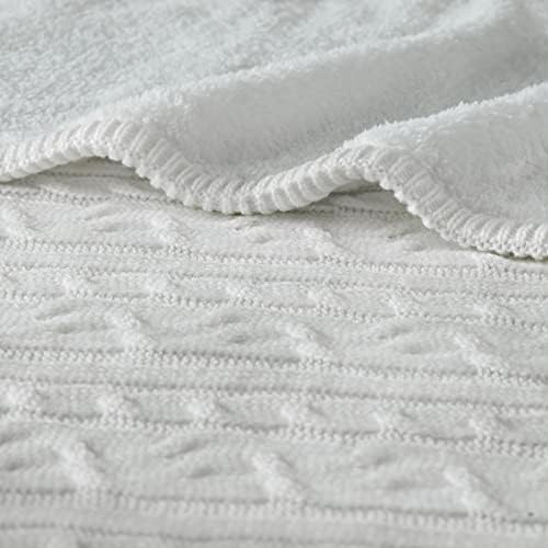 Bedfolks Cable malha sherpa manta de tamanho duplo, cobertores de lã de malha aconchegante reversíveis, cobertor grosso, macio e quente para sofá, sofá, cama - 60 x 80 polegadas creme branco durante toda a temporada