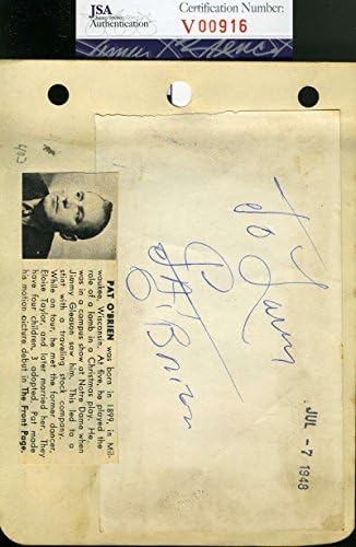 Pat O`brien JSA Coa assinado à mão Vintage 1948 Página Autógrafo autêntico