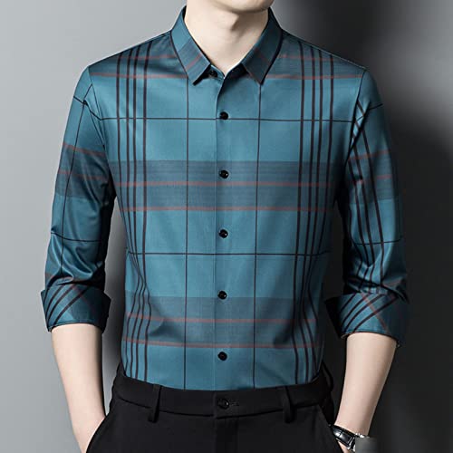 Camisa de vestido listrada masculina Botão de ajuste regular camisas de negócios xadrez xadrez de colarinho comprido de manga longa
