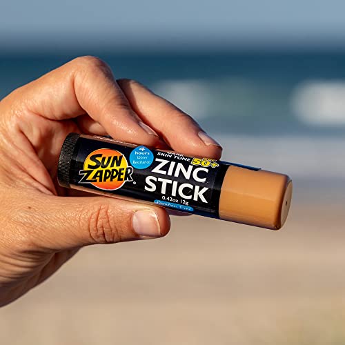 Sun Zapper Zinc Stick Mineral Sol -Sol -Selfred Skin Tone escuro, bronze, Tan SPF 50+ resistente à água para
