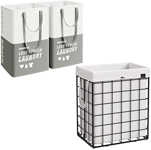 Cesto de lavanderia canção e conjunto de 2 pacote de lavanderia, cesto de roupas dobráveis, cesto de lavanderia com 2 compartimentos, preto, branco e cinza Ulcb190W01 e ULCB209G12