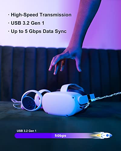 Vellaa Link Cable Compatível com Meta/Oculus Quest 2, transferência de dados de alta velocidade de 10 pés para Oculus/Meta Quest 2/1 e Steam VR, USB 3.2 GEN1 para CABO