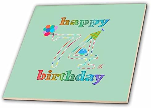 3drose feliz 74º aniversário, cupcake com vela, balões, chapéu, colorido - azulejos