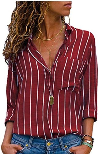 ANDONGNYWELL Feminina camisetas de botão casual Blusa de listras de manga comprida para o trabalho de verão V NOSS