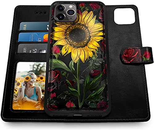 Shields Up projetado para iPhone 11 Pro Wallet Case, carteira de caixa magnética destacável com suporte de cartão e cinta para meninas/mulheres, cobertura de couro vegano para iPhone 11 Pro 5,8 polegadas -Flor/girassol