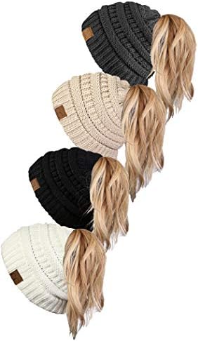 Funky Junque Ponytail bandy Bun Beanietail Beanie Solid Solid Ritbed Hat Capt Cap