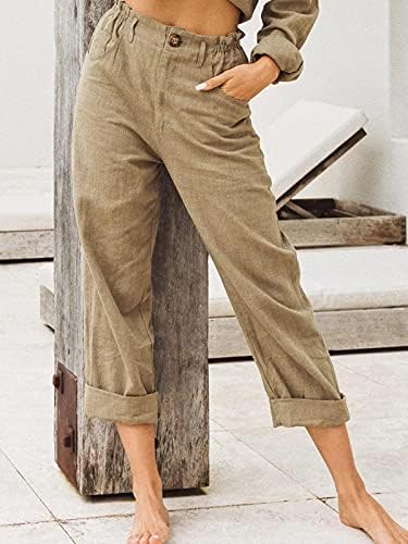 Calças de linho para mulheres calças largas de pernas larga Capri Capri Capri Cantura elástica Botão solta e solta