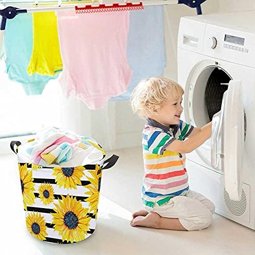 Cesta de lavanderia, grande cesto de roupa dobrável com lã de girassóis amarelos em preto listrado, cesto de roupas, cesta de armazenamento para lavanderia de quarto de banheiro