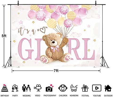 IMIRELL Urso menina chá de bebê pano de fundo 7wx5h pés É uma garota adorável e fofa Balões de pelúcia marrom rosa