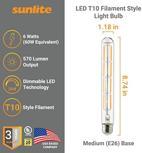 Sunlite 80617 LED Filamento T10 LUZ TUBULAR, 6 WATTS, 570 LUMENS, Base E26 Média, 120 volts, Dimmable,