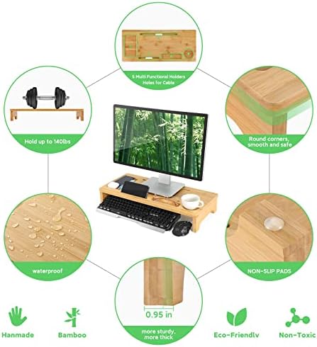 NNewvante Monitor Riser Riser Solid Bamboo Laptop Stand Anti-SLIP Organizador da área