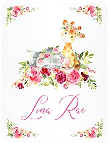 Clanta de bebê Safari - Girafa - Elefante - Flores Rosa Floral - Monograma