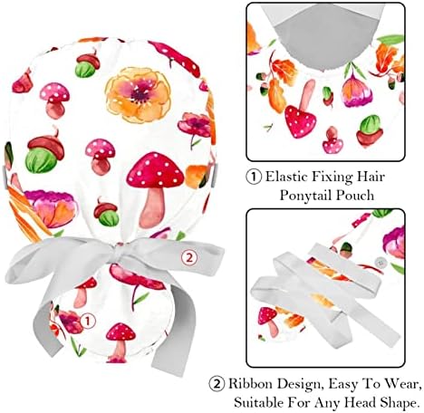 Chapéu de trabalho com botões e laços de fita para mulheres 2 pacotes, Flor Branca Ajustável Caps Cirúrgicos Unissex