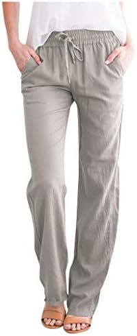 Calças de linho de algodão para mulheres cintura lençador de cordas retas calças de calça sólida e elástica casual