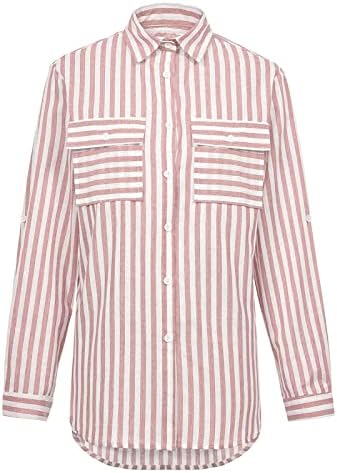 Camiseta listrada Mulheres da moda 2023 botão de rolagem de manga top v pesco de colarinho listrado camisetas casuais blush tops