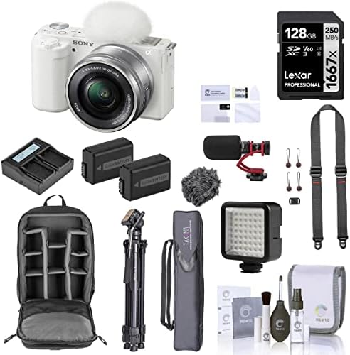 Câmera Sony ZV-E10 sem espelho com lente de 16 a 50 mm, cartão SD branco de 128 GB, mochila, bateria extra, carregador, tripé, tira, microfone, protetor de tela, luz de LED, kit de filtro, kit de limpeza