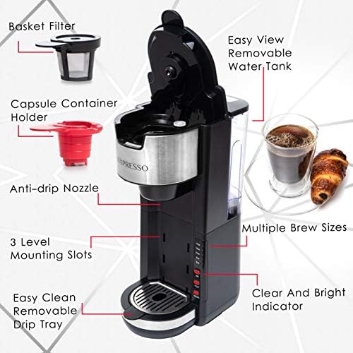 Mixpresso Single Serve 2 em 1 Caffeer Brewer K-Cup Poço compatível e moído café, cafeteira compacta Soltutas com