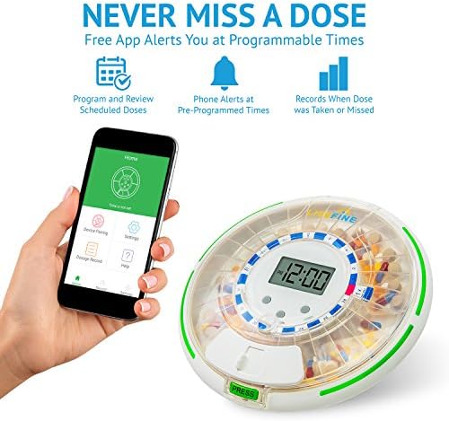 Dispensador de pílula Bluetooth ao vivo, sistema automático de entrega de pílulas de 28 dias com alarme, luz piscante, alertas de aplicativos, LCD fácil de leitura, 6 degaduras