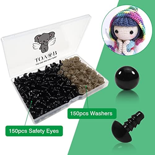 TOAOB 150pcs 9mm Black Plastic Safety Olhos artesanato de segurança com arruelas para animais de pelúcia amigurumis ursos de crochê