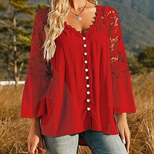 Mulheres soltas Fit Chiffon Tops Lace Patchwork V Neck Button Butter Sleeve Tees