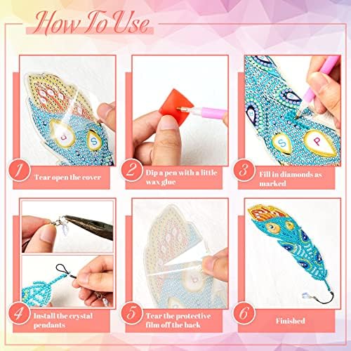 HENOYSO 6 PCS Pintura de diamante Kits Bookmarks Diy 5D Feather marcador de shinestone DIY Bookmarks
